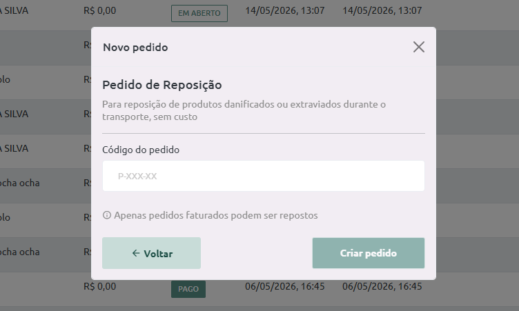 Criação de Pedido de Reposição
