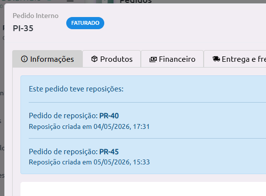 Reposições em Pedido Original